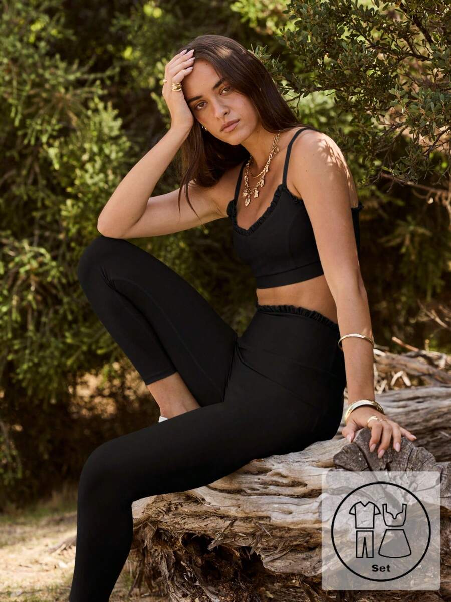 Aralina Leisurwear Ruffle Trim Sleeveless High Waisted Workout Crop And Legging Two Pieces Set - Black - View 1