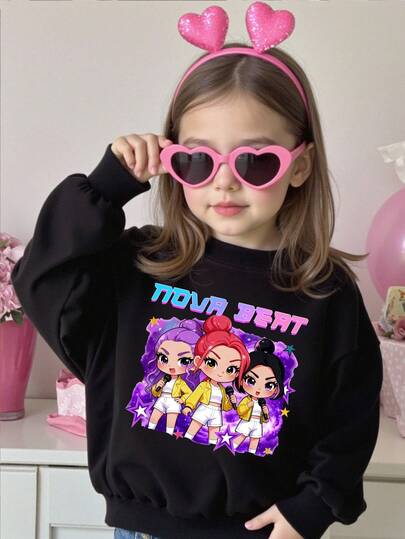 Sudadera de cuello redondo cómoda con estampado gráfico de letra de estrella de grupo virtual de chicas de alta gama, fresca y minimalista, adecuada para outfits de otoño/invierno de niñas