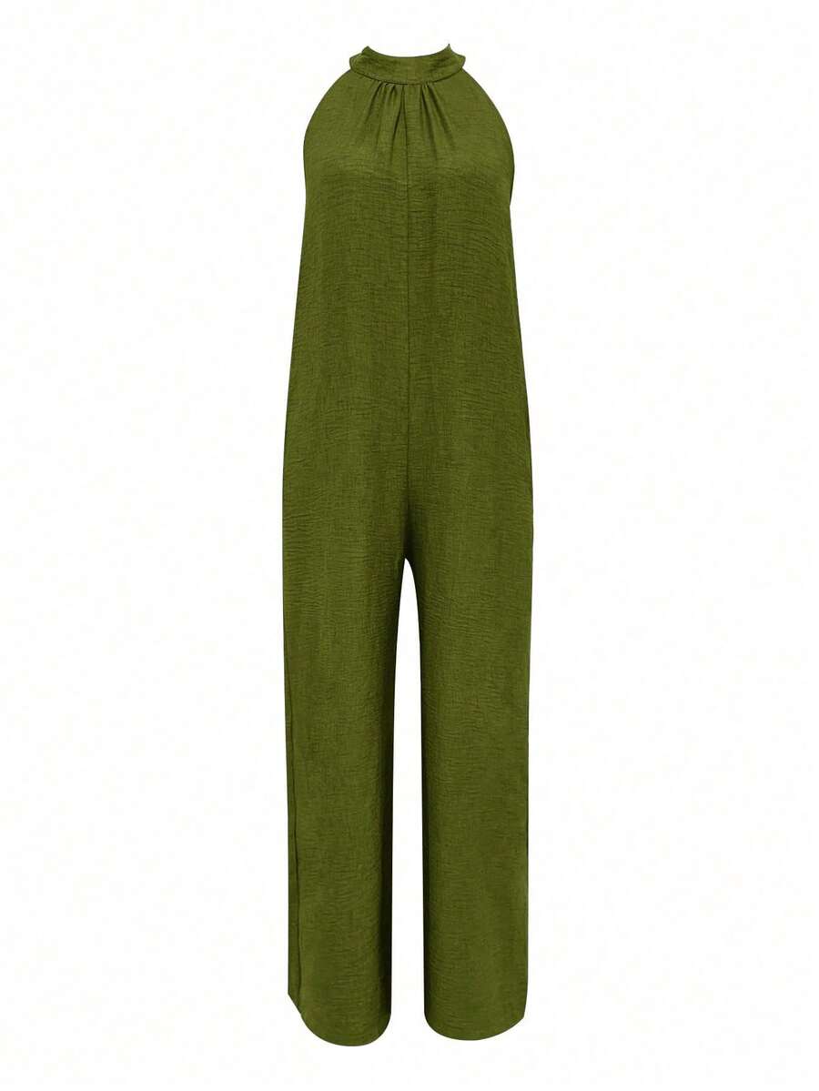 SHEIN LUNE Sleeveless Halter-Neck Ruffle Elegant Jumpsuit For Young Women - Army Green - View 1