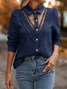 SHEIN LUNE Women's Autumn/Winter Lace Trim Mesh Patchwork Ruched Sleeve Casual Blouse - Navy Blue - View 4