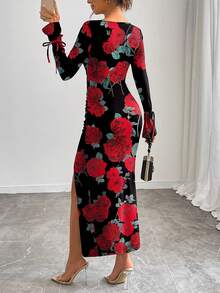 Rafferiza 女士优雅镂空碎花心形领合身开衩浪漫碎花花园长袖连衣裙，适合约会、情人节、派对、聚会、家庭日，温暖可爱 - 彩色 - 查看 2