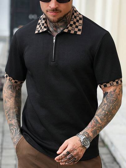 Manfinity Mode Men's Ribbed Collar Zip-Up Casual Short Sleeve Polo Shirt Zipper Front Polo Short Sleeve Polo Men Black Collar Shirt Men Zipper Polo Shirt Men Black Polo Shirt