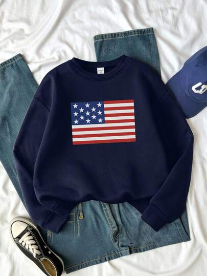 SHEIN Tween Girl Cozy Fall & Winter Style Casual Fashion Creative Personalized Fresh American Flag Pattern Print Relaxed Fit Crew Neck Sweatshirt, Comfortable For Autumn/Winter Usa Sweatshirt American Flag Kids Fourth Of July Sweatshirt Flag