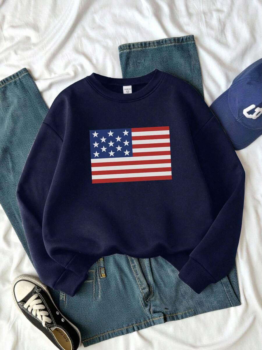 SHEIN 少女秋冬舒适休闲时尚创意个性化清新美国国旗图案印花宽松圆领卫衣,适合秋冬季穿着,美国国旗儿童七月四日独立日卫衣 - 藏蓝色 - 查看 1