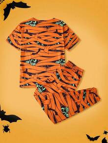 FamilyFrolics 2 piezas Conjunto de pijama con estampado de momia de Halloween, ropa de estar por casa divertida y casual para hombres - Naranja - Ver 2