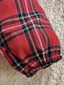 SHEIN 女婴休闲格子蝴蝶结装饰连体裤，秋季 - 酒紅色 - 查看 8