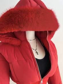 Elamini 女士时尚杏色复古拼接短款皮草连帽束腰立领长袖短款棉服外套，适合秋冬季 - 紅色 - 查看 3