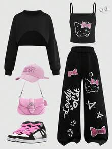 S251008 Girls' American Spicy Style Short Hooded Sweatshirt, Camisole, And Straight Leg Cartoon Graffiti Jea3 Piecesce Set - Black - View 1