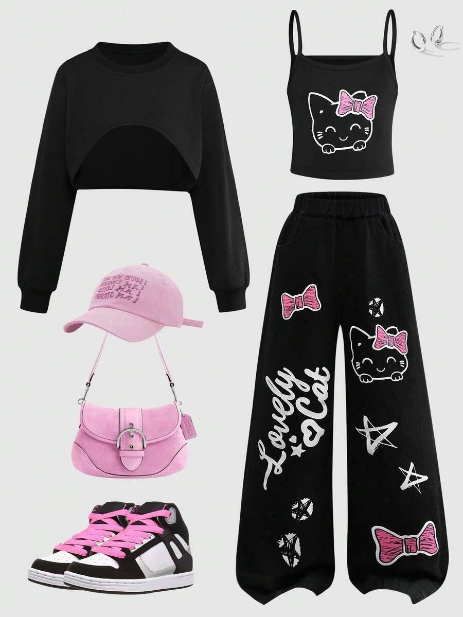 S251008 Girls' American Spicy Style Short Hooded Sweatshirt, Camisole, And Straight Leg Cartoon Graffiti Jea3 Piecesce Set - Black - View 1
