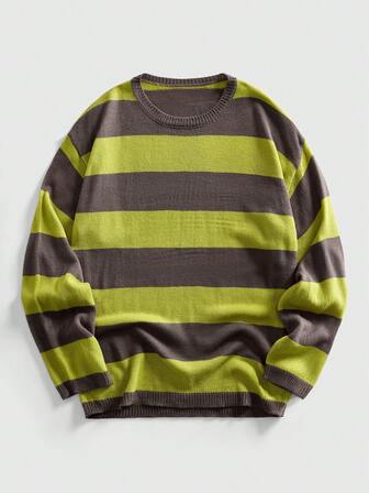 Academia Herren gestreifter Rundhals Langarm Lässig Pullover, Herbst/Winter