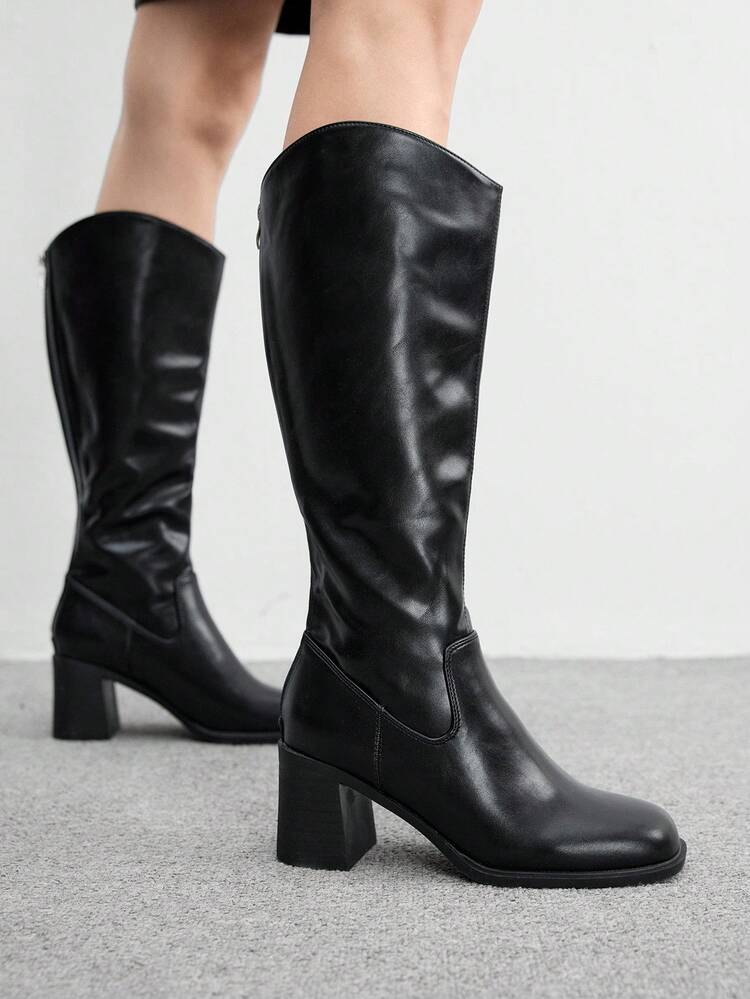 CUCCOO BIZCHIC Women's Fashion Over-The-Knee Boots, Square Toe Chunky Heel Design, Solid Black Color, Back Zipper Closure Simple Basic Style, Versatile With Skirts, Jeans, Coats, Suitable For Autumn/Winter, Fashion Shows, Commuting, Stylish Women's Tall Boots