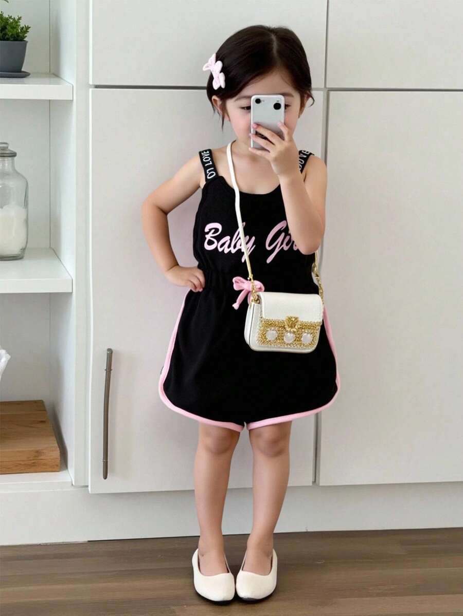 SHEIN Baby Girls' Casual Sports Everyday Basic Simple Fun Letter Print Cami Romper, Suitable For Spring And Summer Outings - Black - View 1
