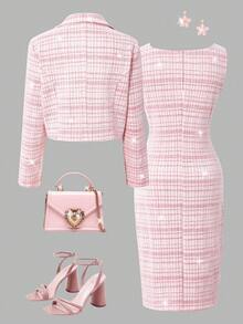 SHEIN 2pcs Girls Elegant Tweed Short Blazer Jacket + Sleeveless Fitted Dress Suit Set, Stylish Outfit For Spring & Autumn