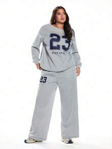 Solavibe Plus Size Street Fashion Plus Size Number Printed Thermal Lined Sweatshirt And Sweatpants 2 Pieces Set, Suitable For Autumn/Winter - Light Grey - View 2