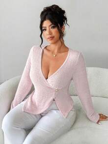 Elenzga قميص كاجوال بياقة متقاطعة وأكمام طويلة مناسب للمرأة ذات الحجم الكبير، مريح وأنيق للارتداء اليومي في فصلي الخريف والشتاء