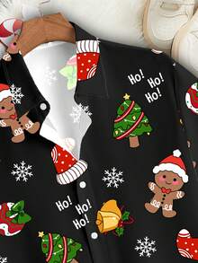 Manfinity Homme Men's Casual Christmas Gift Gingerbread, Snowflake, Christmas Tree Printed Black Slim Fit Short Sleeve Shirt - Multicolor - View 2