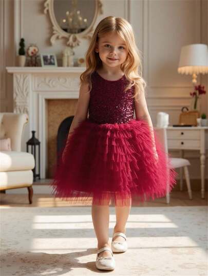 Glamorique Kids Girls' Layered Cake Skirt WithSequinse Embellished V-Neck And Bow Accent, Suitable For Parties, Birthdays, Holidays, Performances, Weddings And Other Formal Occasions