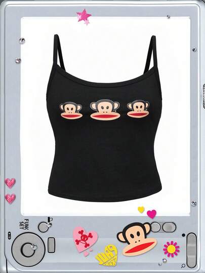 Paul Frank X ROMWE Plus Size Summer Monkey Print Slim Fit Cami Top