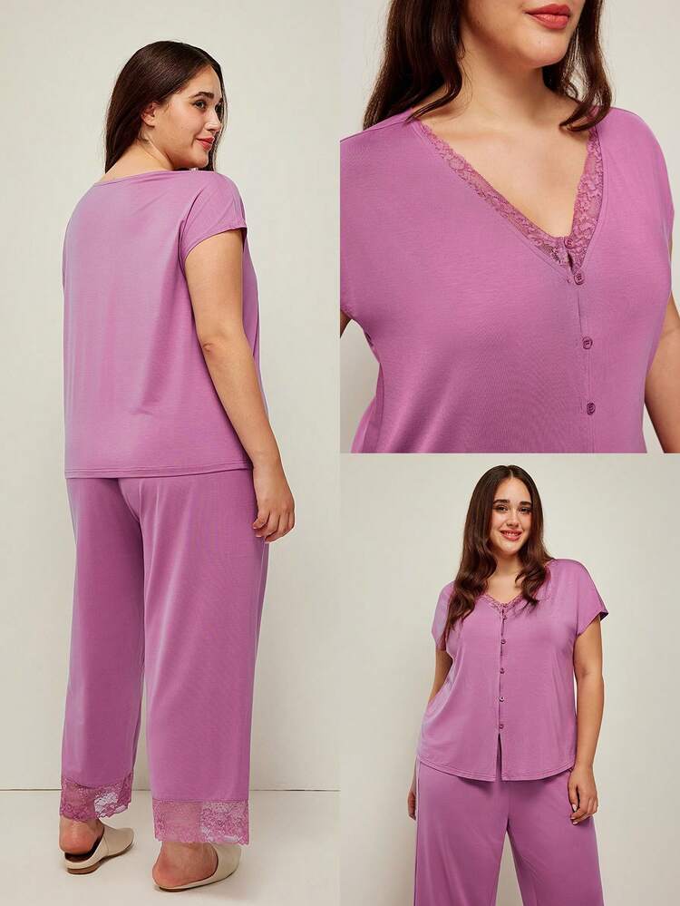 Große Größen Sommer Damen dunkel lila Plus TENCEL™ Modal Spitze Kurzarm Hemd & Hose Damen Pyjama Set Loungewear Set Lingerie
