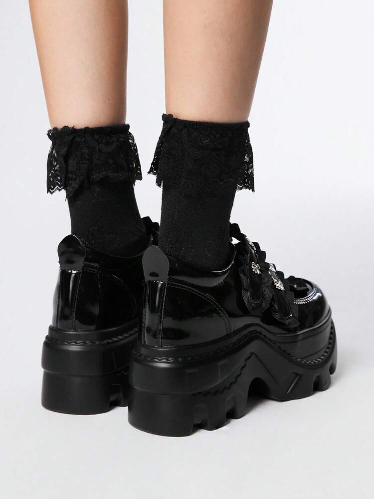 ROMWE Grunge Punk 여성용 Y2K 펑크 락 레이스업 체인 고스 신발, 블랙 로퍼, 레이스업 메리 제인 플랫, 포멀 워크 슈즈, 플랫폼 & 웨지 힐