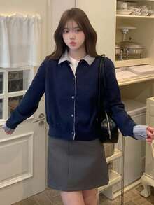DAZY 女式撞色条纹拼布二合一休闲开衫 - 藏蓝色 - 查看 4