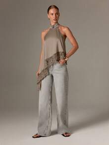 AiiRZ 优雅高领露背上衣不对称女性晚装无袖衬衫，带精致花卉蕾丝边，适合婚礼宾客穿着，春夏 - 香檳色 - 查看 3