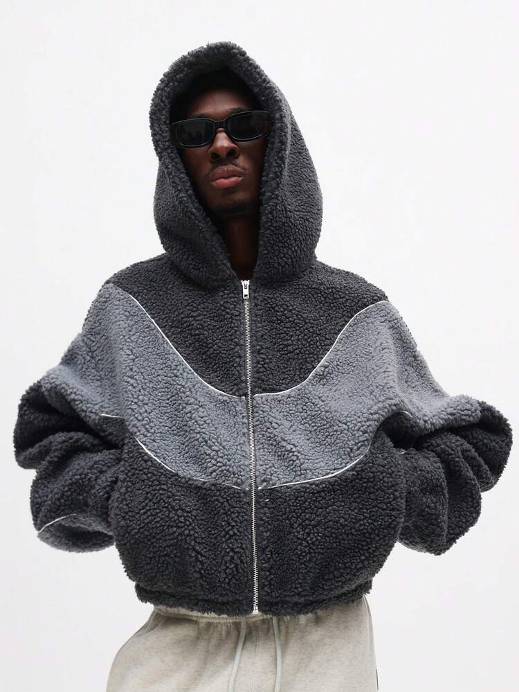 Sudadera con capucha de polar con cremallera y diseño de bloques de color