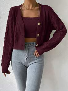 EMERY ROSE 2pcs/Set Solid Color Camisole And Button Front Long Sleeve Cardigan Sweater - Red Violet - View 7