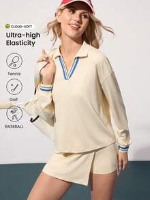 CourtClass 女士休闲条纹领落肩运动Polo衫，秋季款 - 杏色 - 查看 1