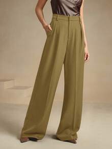Anewsta Essential Women's Solid Color Pleated Loose Straight High Waist Pants - Mustard Yellow - View 4