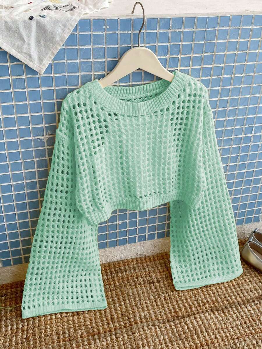 Tween Girls' Solid Color Crew Neck Long Sleeve Loose Hollow Out Sweater - Mint Green - View 1