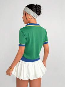 Dewbera Women's Contrast Color Short Sleeve Casual Fitness Sports Polo Shirt - Green - View 3