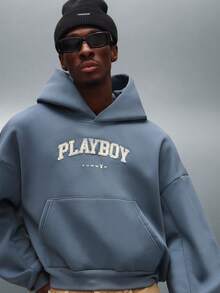 PLAYBOY X SUMWON Crop Fit Pullover Hoodie With Centre Pocket And Drawstring Hood Casual Streetwear Sweatshirt For Winter Fall - Dusty Blue - View 5