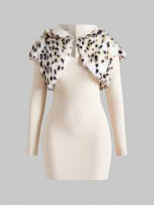 ROMWE Avant Y2K Chic Leopard Print Faux Fur Vest & V-Neck Long Sleeve Dress Set - White - View 1