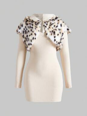ROMWE Avant Y2K Chic Leopard Print Faux Fur Vest & V-Neck Long Sleeve Dress Set
