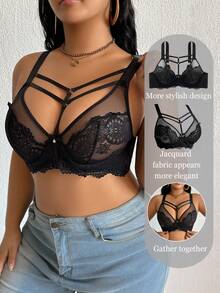 SHEIN 1pc Plus Size Lace Contrast Mesh Underwire Lingerie Bra - Black - View 3