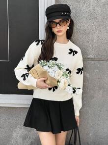 SHEIN Teen Girl Autumn/Winter Bow Jacquard Knit Pullover Sweater, Loose Casual Crew Neck Top Suitable For Outdoor Leisure & Sports - Apricot - View 3