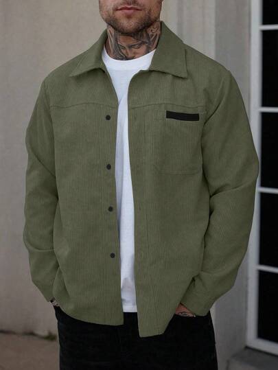 Manfinity Homme Men's Shirt Jacket, Men's Front Button Long-Sleeved Pocket Simple Shirt Jacket, Casual Daily Wear, Men's Jacket, Men's Shirt Jacket, Autumn And Winter Men's Jacket, Boyfriend Gift, Go Out Warm Long-Sleeved Casual Corduroy Flannel Jacket Men Zip Up Shirt Men Overshirt Khaki Shirt Men Demon Slayr Men Street Wear Shirt Men Shacket Old Money