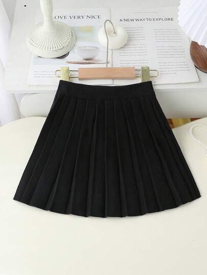 SHEIN 1 pieza Vestido de suéter para niña joven, falda plisada en línea A de color negro, suave y cómodo, estilo académico casual, adecuado para uso diario, salidas, escuela, primavera y otoño