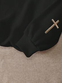 INAWLY Áo nỉ cổ tròn tay dài thêu chữ God Is Good Corss Faith - màu đen - Xem 4