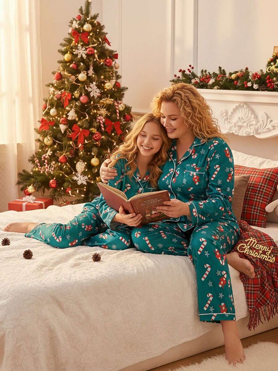 Plus Size Minimalist Christmas Print Long Sleeve Top & Pants Casual Comfortable Pajama Set Fall Winter Clothes - Green - View 1