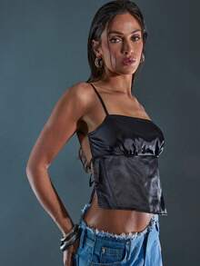 Denimoi 露背方领缎面吊带背心 - 黑色 - 查看 1