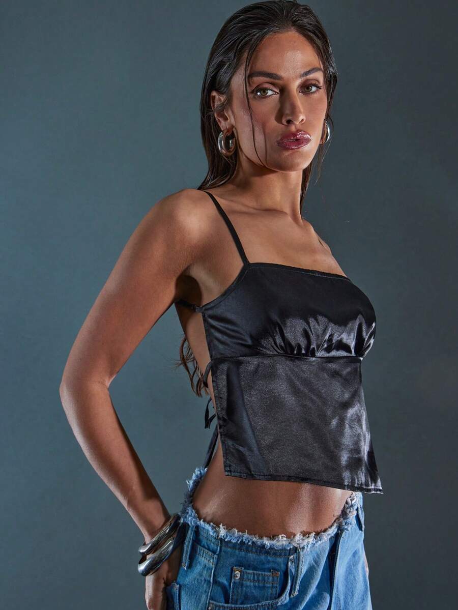 Denimoi 露背方领缎面吊带背心 - 黑色 - 查看 1