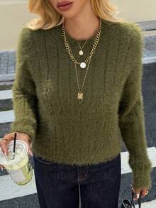 Livesso Loose Casual Business Style Fuzzy Short Knit Sweater, Green, Suitable For Autumn, Winter, New Year, Christmas