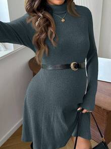 Cheriluna Maternity Umstandskleid mit Rollkragen, weiten Ärmeln und Rippstruktur, einfarbig, Lässig, Herbst - Graublau - Übersicht 6