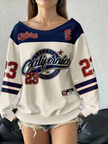 Slaydiva 休闲街号印花露肩宽松长袖卫衣，适合大码女装，秋冬季女式运动衫，Y2K复古超大码美国棒球衫 - 彩色 - 查看 5