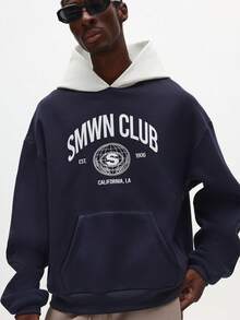 SUMWON 宽松版型套头连帽衫，配有撞色连帽和中央口袋，休闲街头风运动衫 - 黑色 - 查看 5