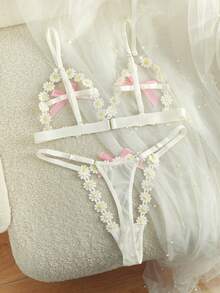 SpicyHot 2 件女士性感法式镂空刺绣透明内衣套装，包含胸罩和内裤 - 白色 - 查看 8