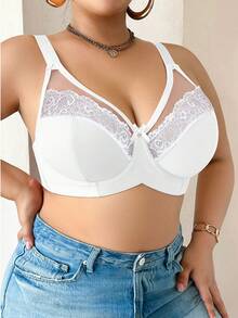 DesireSculpt Plus Size Solid Color Contrast Lace Underwire Bra - White - View 6
