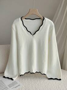 少女荷叶边 V 领宽松长袖毛绒保暖分层毛衣，休闲百搭返校套头衫，罗纹下摆撞色针织毛衣，乳白色 - 米色 - 查看 5